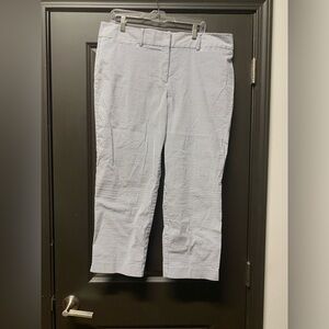 Ann Taylor Curvy striped wide-leg cropped pants in blue and white.